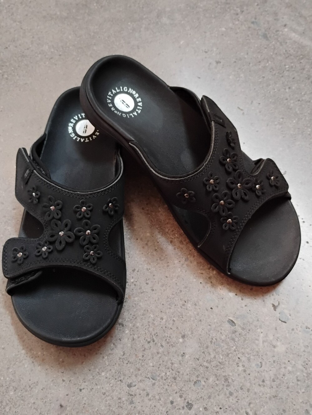 Revitalign Orthotic Comfort Slide Sandals with Floral Appliqué - Black